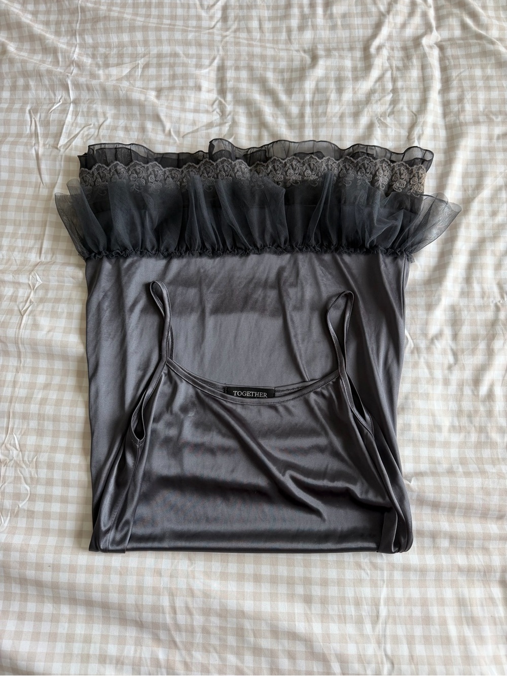 Together Apparel Charcoal Grey Satin Ruffle Lace Slip Dress (S)